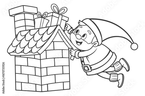 black and white cartoon depicts Santa Claus as he attempts to place presents down a chimney.