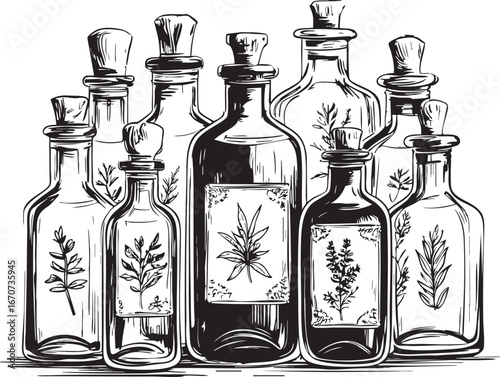 Vintage apothecary bottles outline. Minimalist black and white vector set of herbal remedy containers.