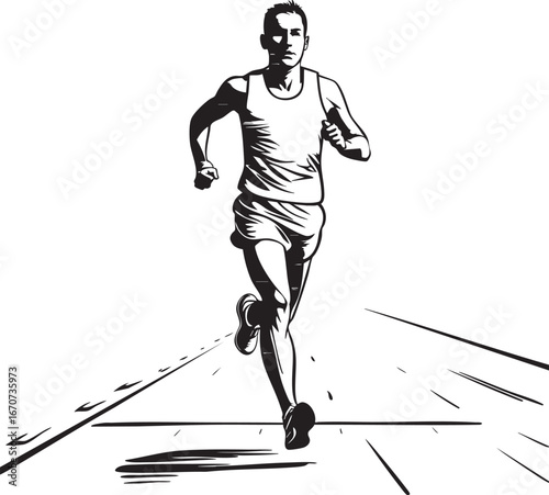 Marathon runner outline. Minimalist black and white vector of dedication and achievement.