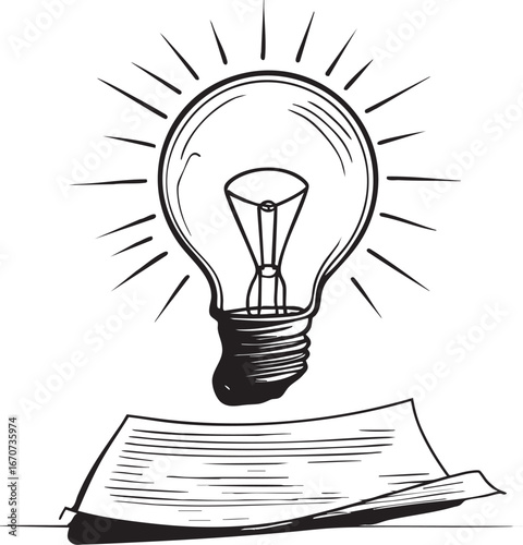 Light bulb and paper outline. Minimalist black and white vector representing copywriting ideas.