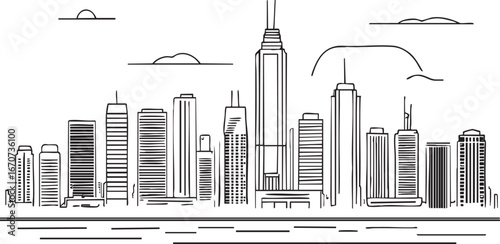 Modern city skyline outline. Minimalist black and white vector illustration of skyscrapers.