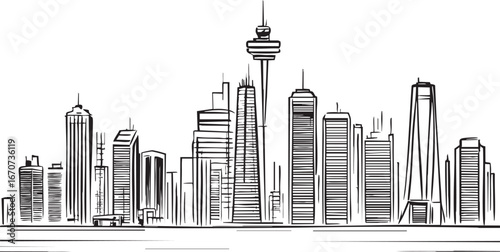 Modern city skyline outline. Minimalist black and white vector illustration of skyscrapers.