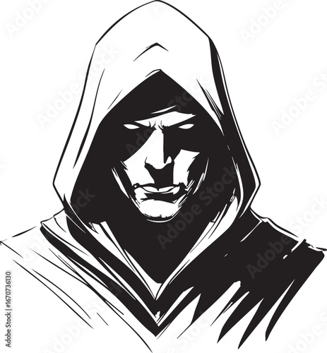 Hooded character outline. Minimalist black and white vector symbolizing mystery and wisdom.