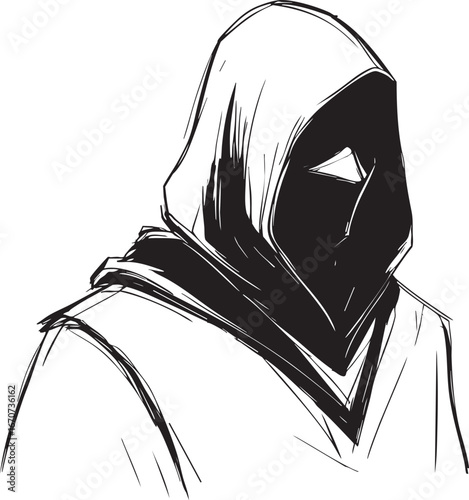Hooded character outline. Minimalist black and white vector symbolizing mystery and wisdom.