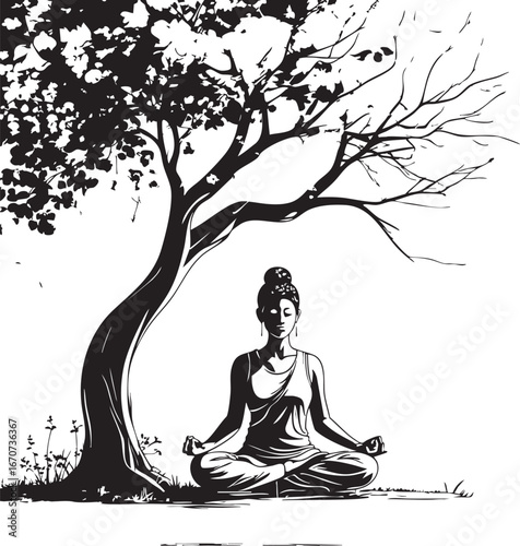 Meditating person under tree outline. Minimalist vector representing peace calm and serenity.