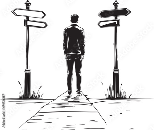 Crossroads decision outline. Minimalist black and white vector symbolizing life challenges and choices.