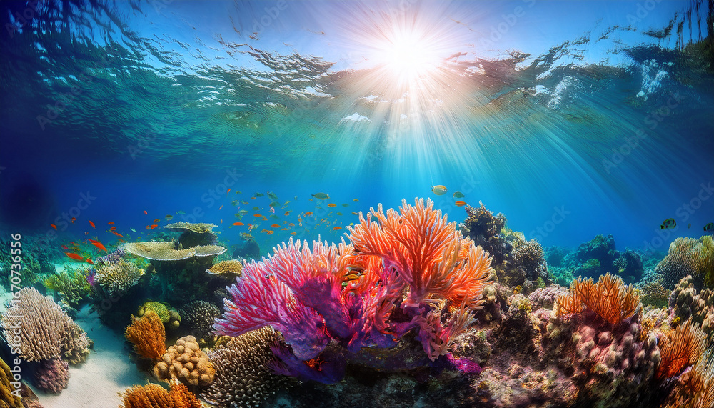 Fototapeta premium vibrant coral reef in ocean under sunlight amid climate change challenges