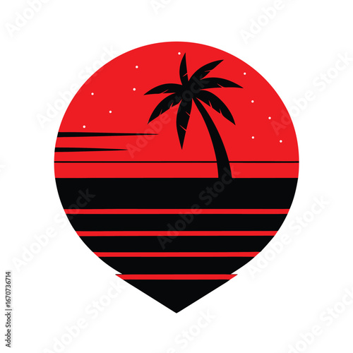 retro sunset with palm island floating in space o