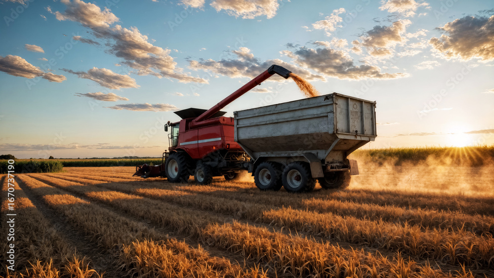 Fototapeta premium combine harvesting wheat at sunset, agro-industry and farming concept