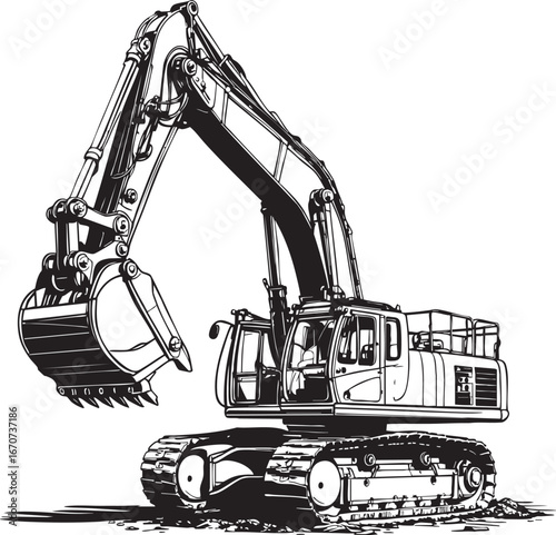 Bucket wheel excavator outline vector. Giant mining machine in detailed line sketch