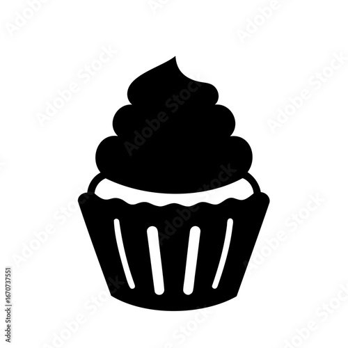Minimalist Black and White Cupcake Illustration with Swirled Frosting and Patterned Liner