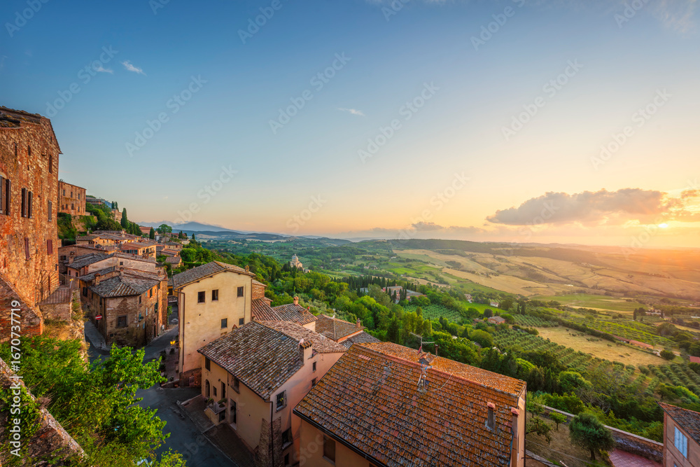 Fototapeta premium Montepulciano village panoramic view at sunset. Tuscany, Italy