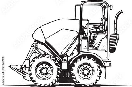 Forestry mulcher outline vector. Side view with rotating drum in minimal sketch style