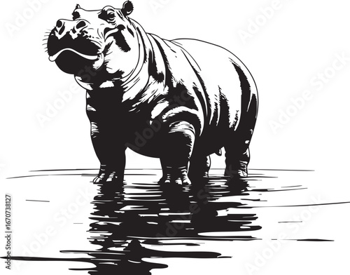 Hippopotamus outline drawing. Bulky water animal with calm pose and detailed form