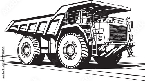 Mining dump truck outline vector. Side view in industrial sketch style