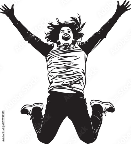 Happy person outline. Minimalist jumping figure with arms up in joyful motion.
