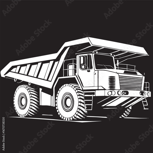 Mining dump truck outline vector. Side view in industrial sketch style