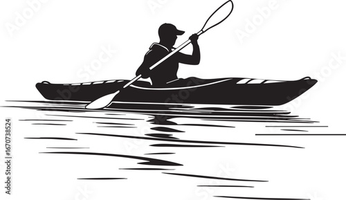Kayaking adventure outline. Minimalistic black line art of river kayaking activity outdoor sports vector design.