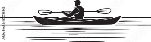 Kayaking adventure outline. Minimalistic black line art of river kayaking activity outdoor sports vector design.