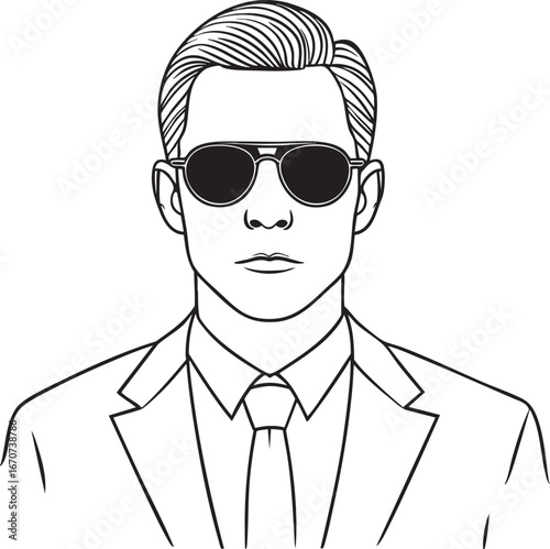 Secret agent outline. Minimalistic black line art of a spy in suit with sunglasses vector illustration.