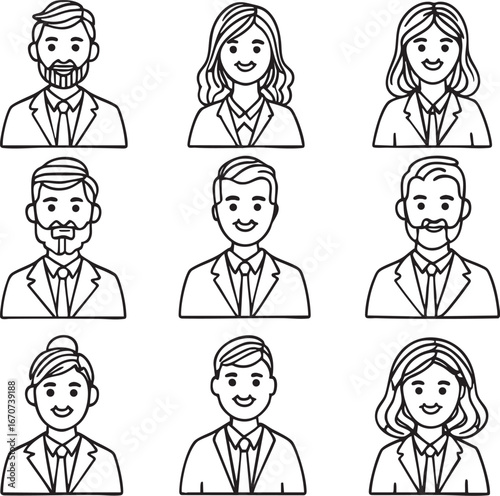 Outline of professional avatars. Minimalistic job role icons in black and white vector illustration.
