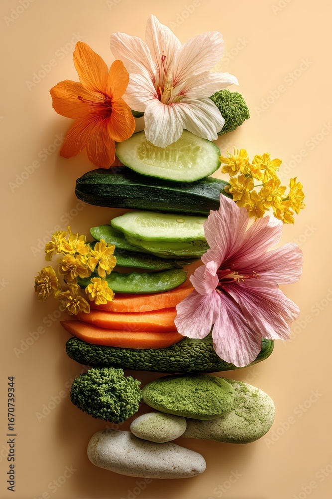custom made wallpaper toronto digitalFlowers and vegetables arranged with stones on beige background