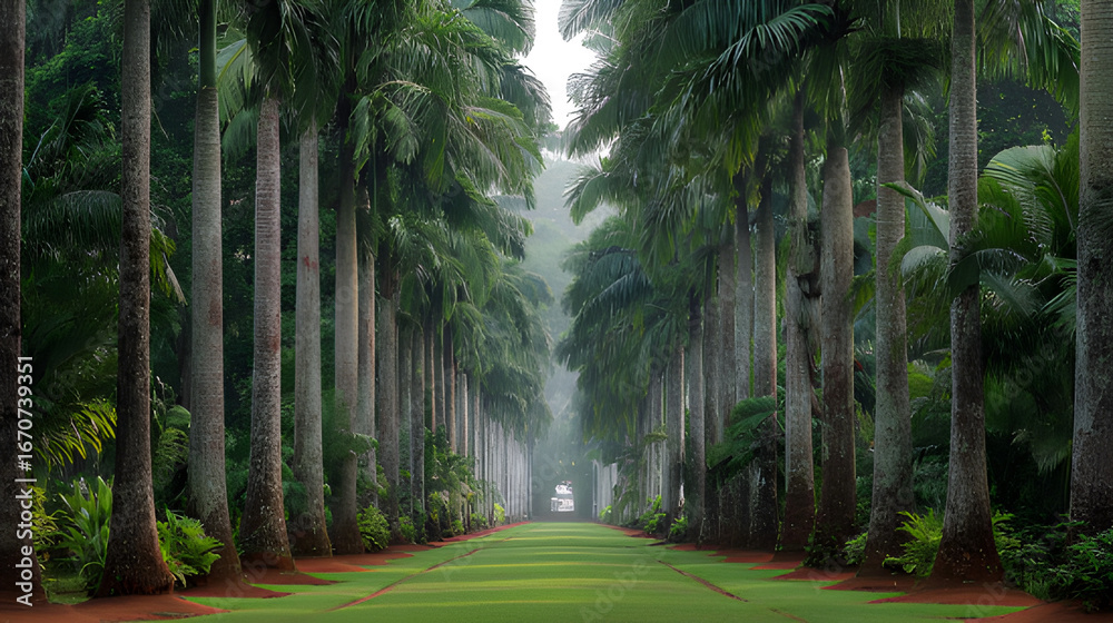 Naklejka premium Road in the park. Botanical garden avenue lined with tall palm trees. Serene rain forest flower garden palm trees landscape. Grand estate iconic palm Avenue. Palmwald, palm grove garden road path