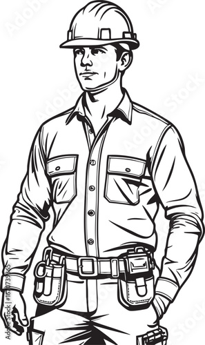 Construction worker outline. Minimal line vector showing strong work ethic and pride.