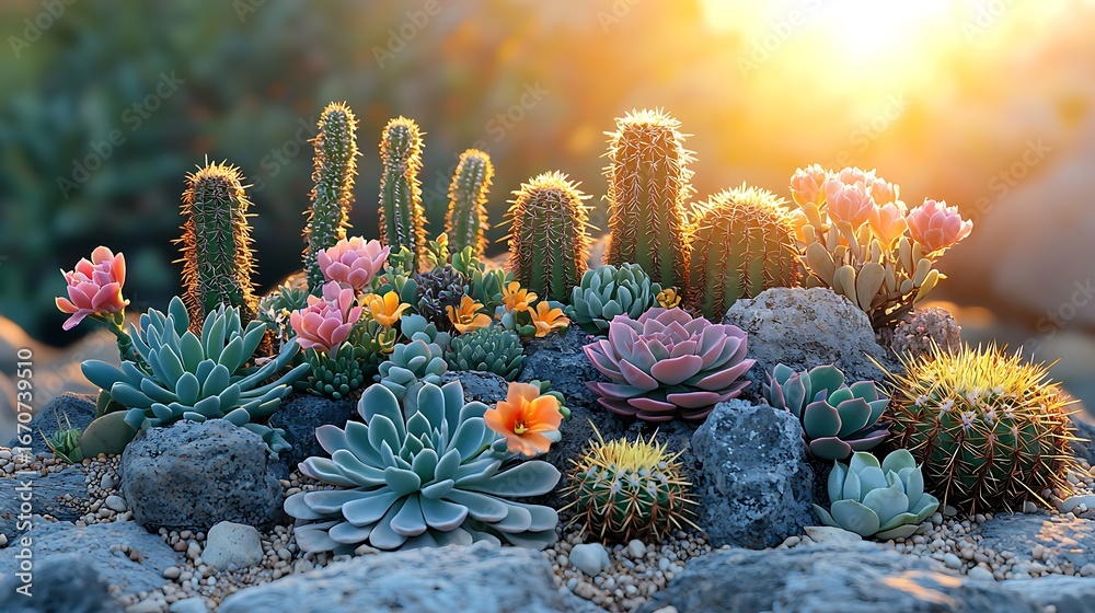 Fototapeta premium Stunning photo of various colorful succulents and cactus plants in a beautiful outdoor garden scene