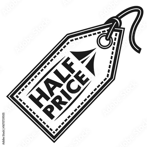 Black and white half price sale tag; vintage style; retail discount label; promotional graphic; commercial use.