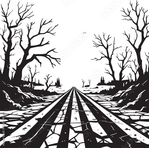 Deserted road outline. Cracked post-apocalyptic landscape in vector line style.