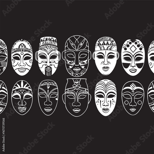 Cultural masks outline. Black and white vector of traditional masks from around the world.