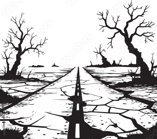Deserted road outline. Cracked post-apocalyptic landscape in vector line style.