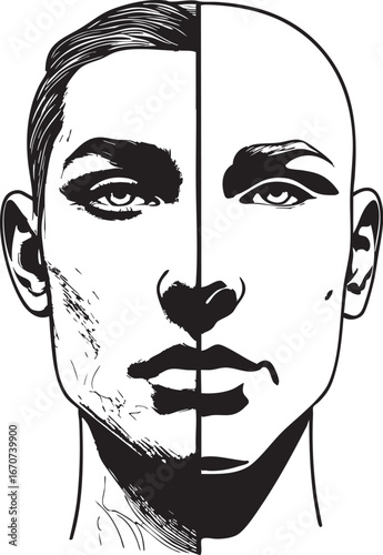 Split human face in outline style. Symbolic vector illustration of dual personal identity.