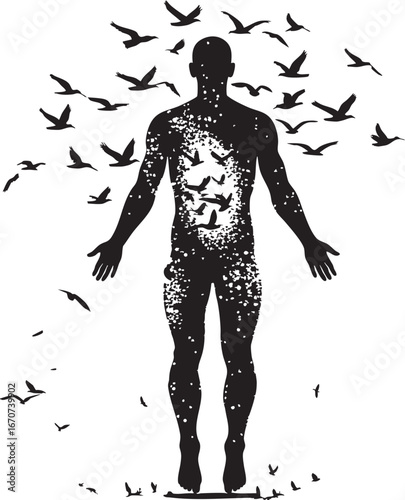 Human to birds outline. Minimalist vector showing symbolic transformation and freedom.