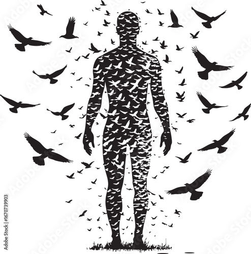 Human to birds outline. Minimalist vector showing symbolic transformation and freedom.