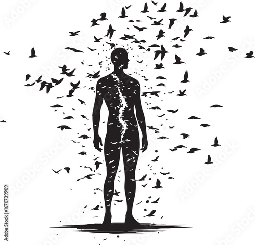 Human to birds outline. Minimalist vector showing symbolic transformation and freedom.
