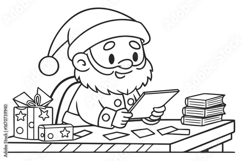 black and white line drawing shows a cheerful cartoon Santa Claus sitting at a desk. He is wearing his signature hat and beard.