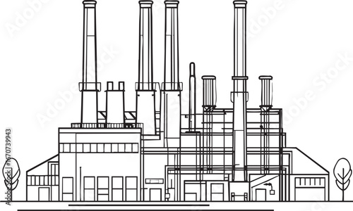 Industrial factory outline vector. Minimalist monochrome building with chimneys