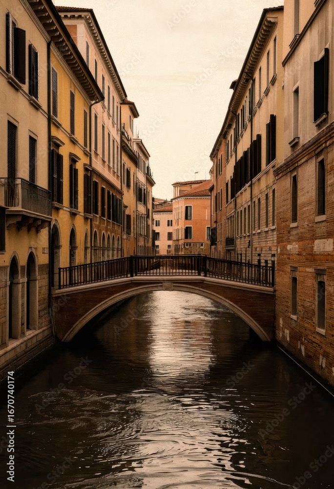 Naklejka premium a tranquil canal scene in an italian city, featuring charming buildings lining the waterway, with a quaint arch bridge connecting the banks.