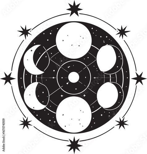 Moon phases outline with stars. Astronomical vector design for educational use