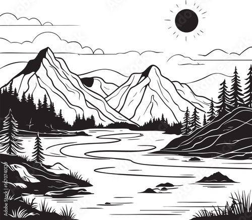 Mountain landscape outline with river and sun. Minimal environment nature scene