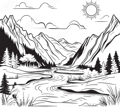 Mountain landscape outline with river and sun. Minimal environment nature scene
