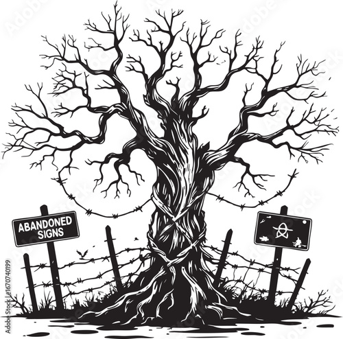 Mutated tree outline vector. Symbolic post-apocalyptic motif with barbed wire.