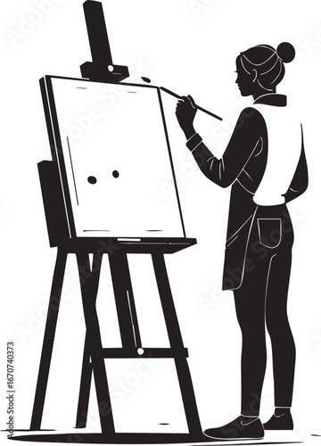 Painting as a hobby outline. Minimalist line art of person at easel with canvas.