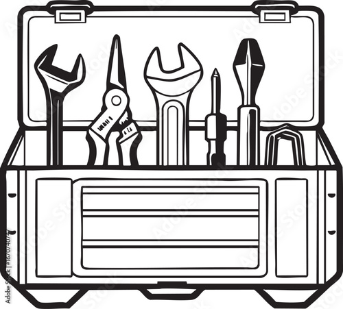 Interior repair tools outline. Minimalist vector of toolbox with basic tools.