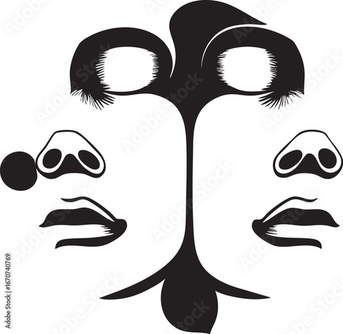 Merged faces outline. Minimal surreal black and white vector of human unity and understanding.