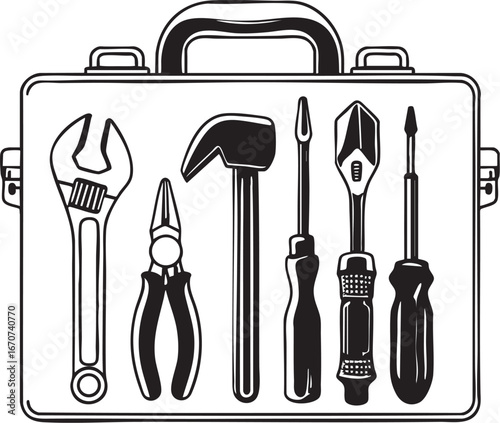 Interior repair tools outline. Minimalist vector of toolbox with basic tools.