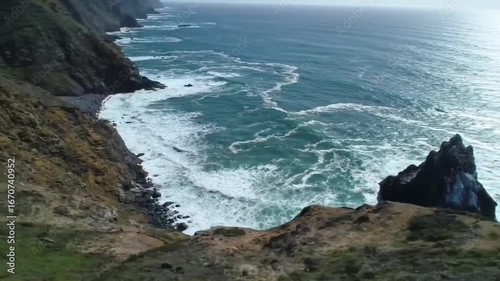 Dramatic Rugged Coastline with Crashing Ocean Waves and Steep Cliffs Dramatic Rugged Coastline with Crashing Ocean Waves and Steep Cliffs