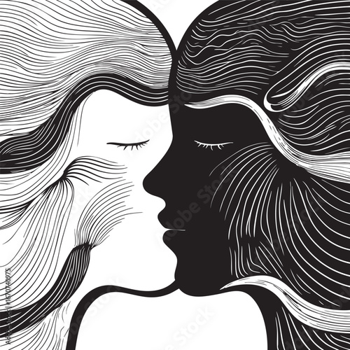Emotional resonance outline. Black and white vector of two minds in empathetic connection.